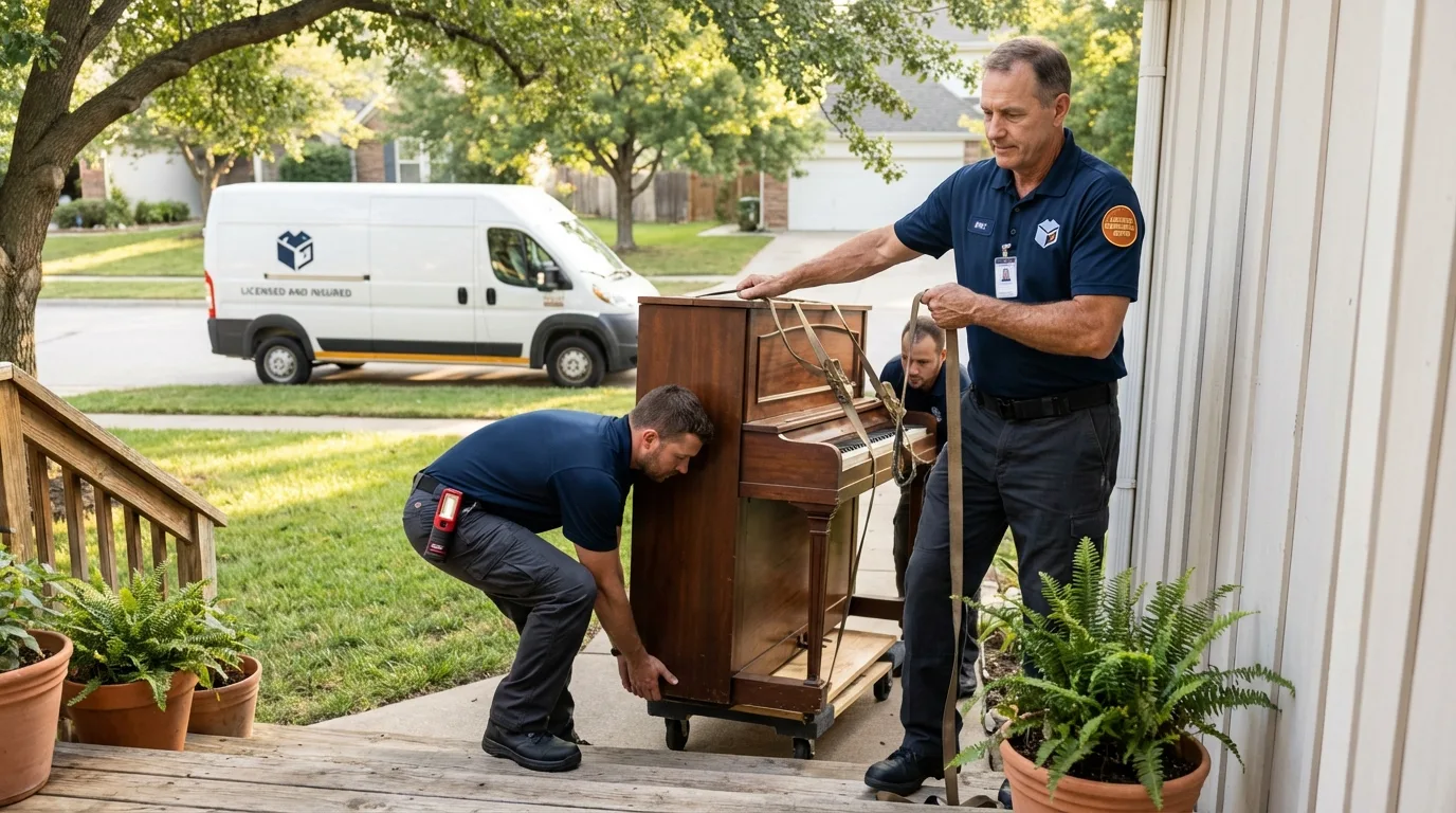 Licensed piano movers securing grand piano in Owls Head, ME
