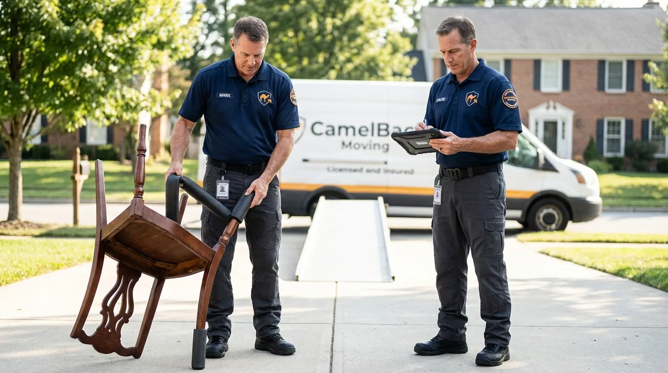 Movers inspecting furniture for damage prevention before loading in Owls Head, ME