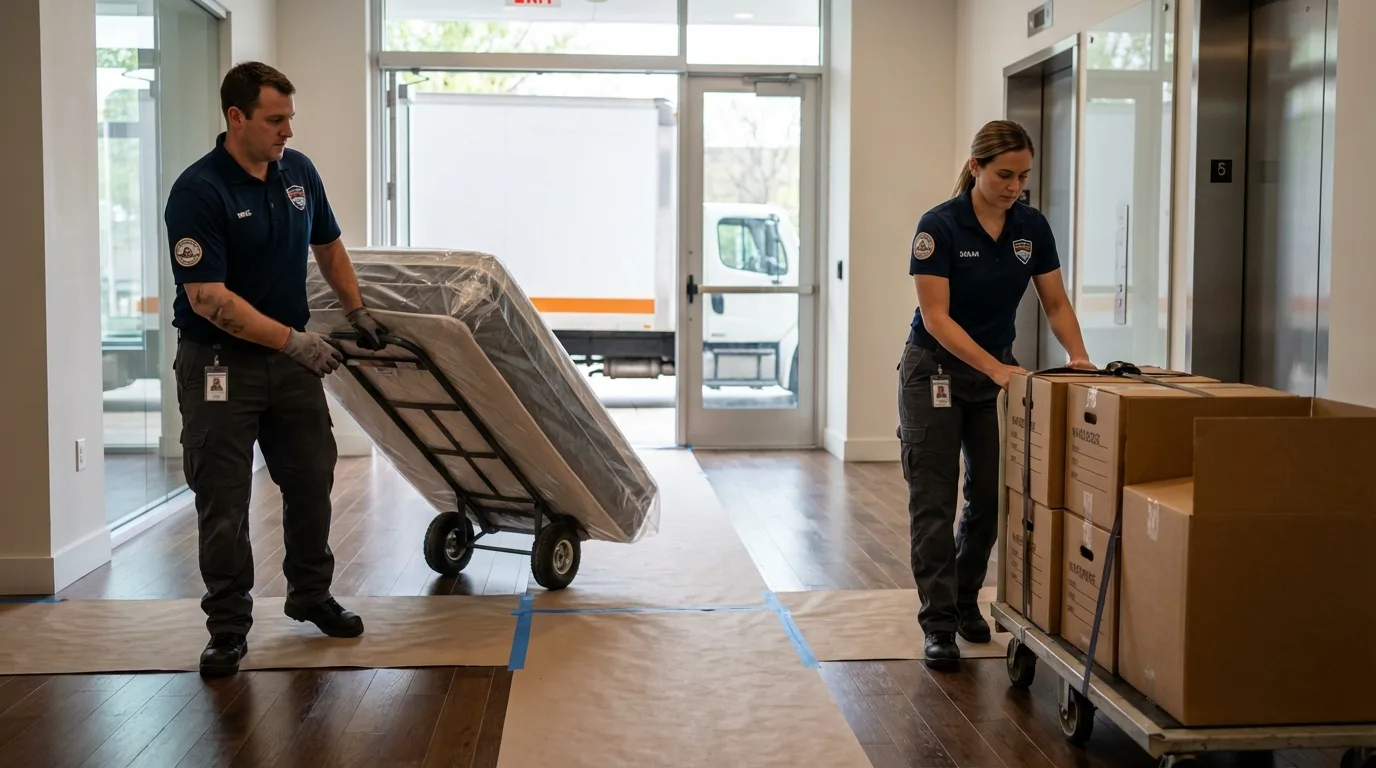Professional apartment movers loading elevator in Owls Head, ME