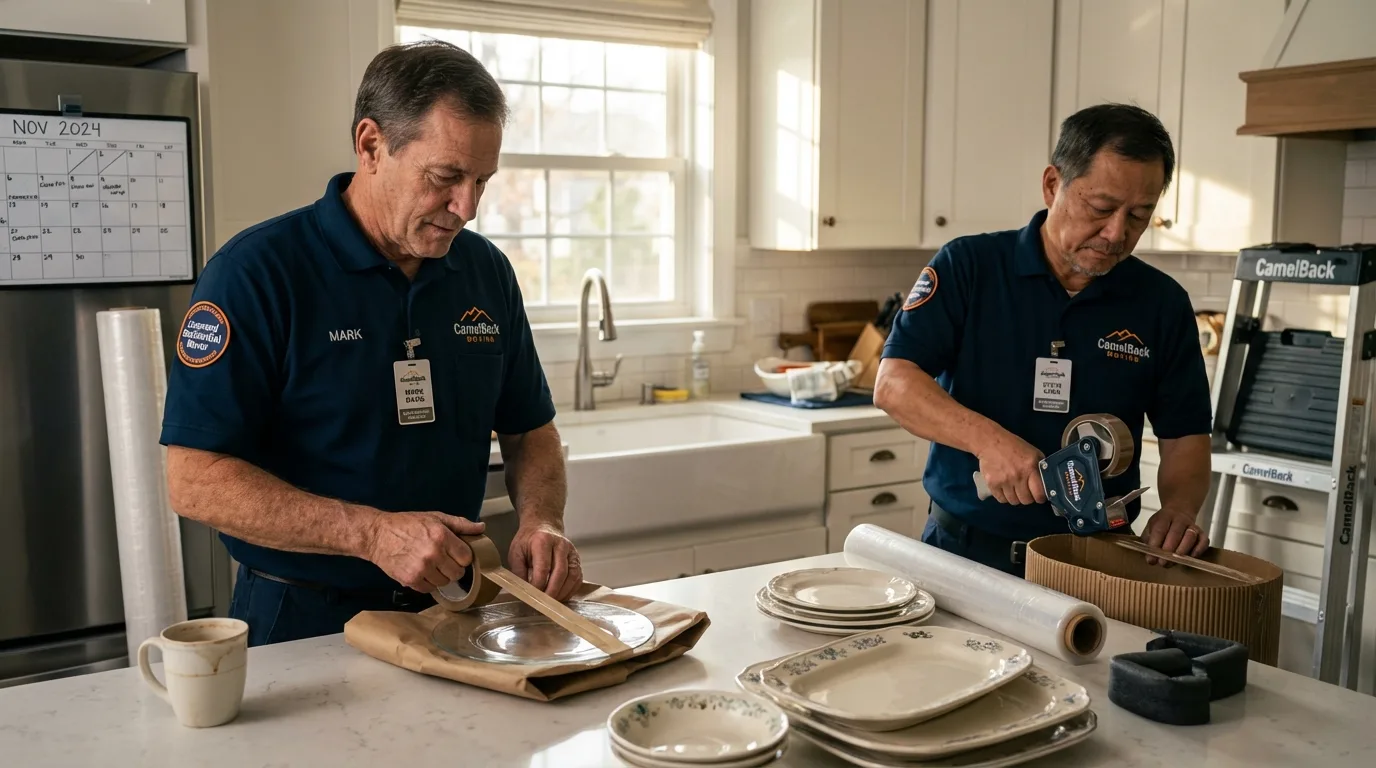 Professional crew packing kitchen dishware in Owls Head, ME
